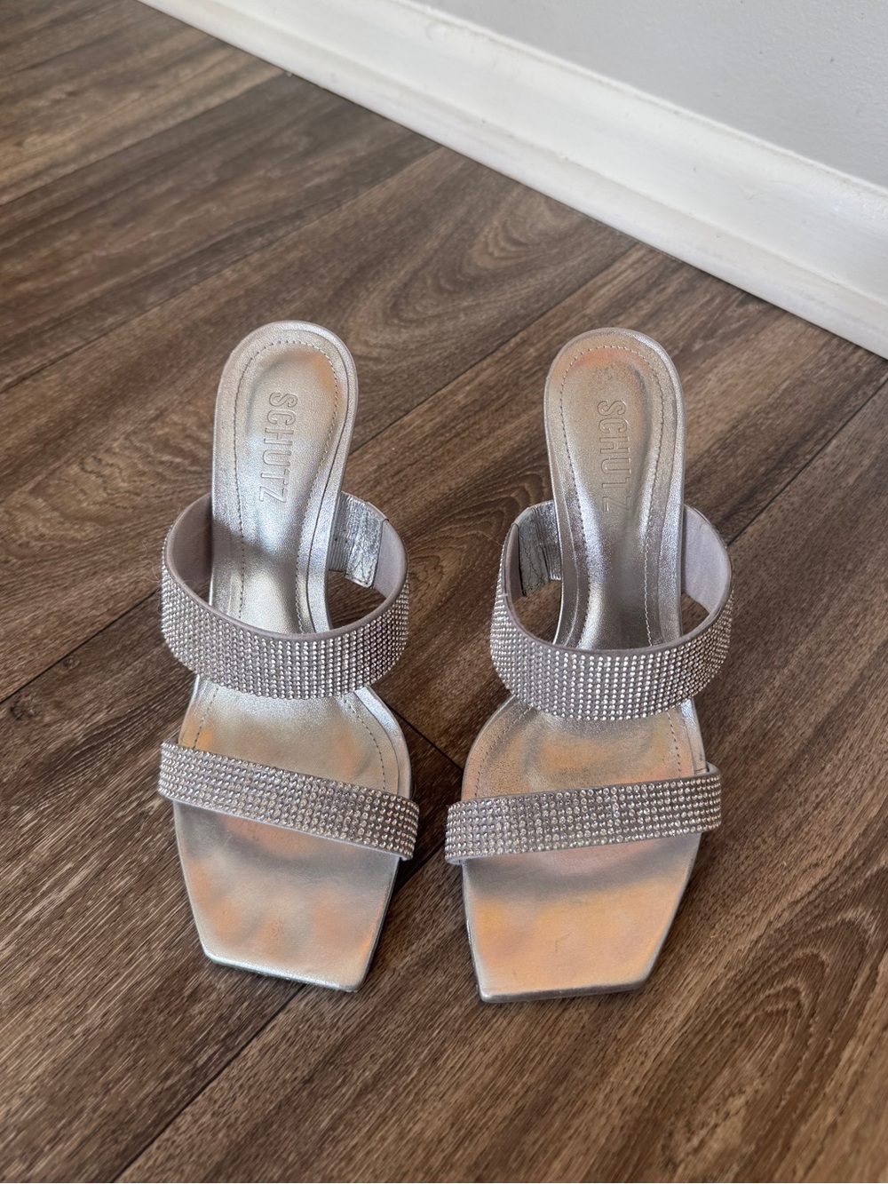 SCHUTZ Silver Crystal-Embellished Square-Toe 110mm Stiletto Sandals
